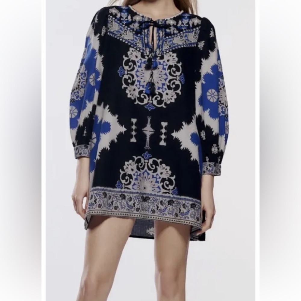 Zara SS22 Embroidered Ethnic Boho Printed Multicoloured Mini Dress Size S. New.